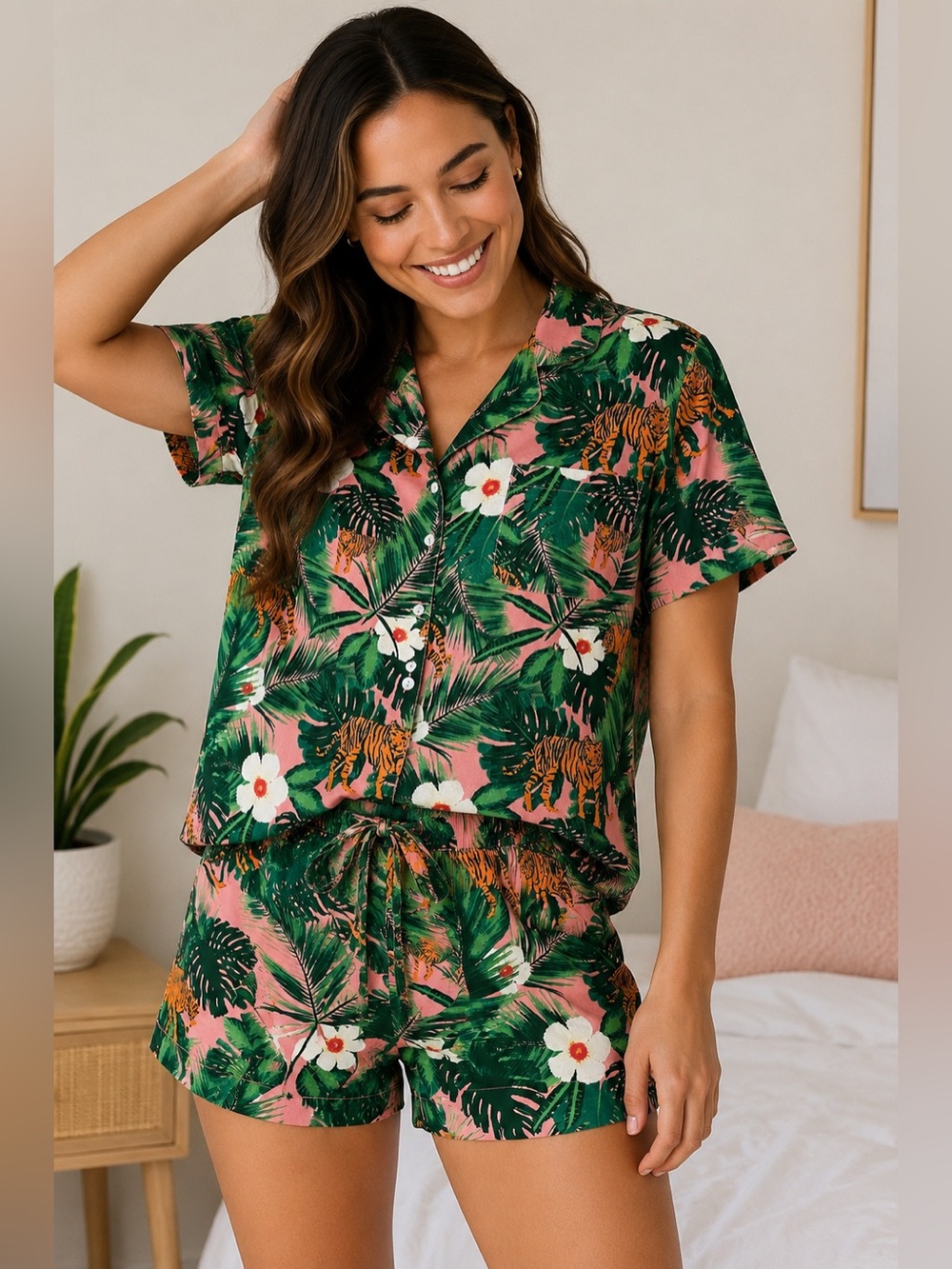 Cynthia Rowley Pink Green Tropical Tiger Jungle Print Pajama Shorts Set—Medium